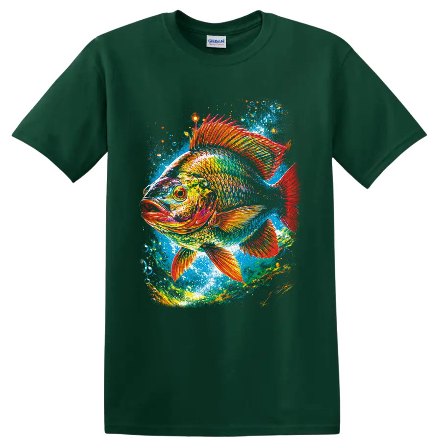 Colorful tropical fish with fiery fins in painterly underwater splash art on a Forest Green T Shirt