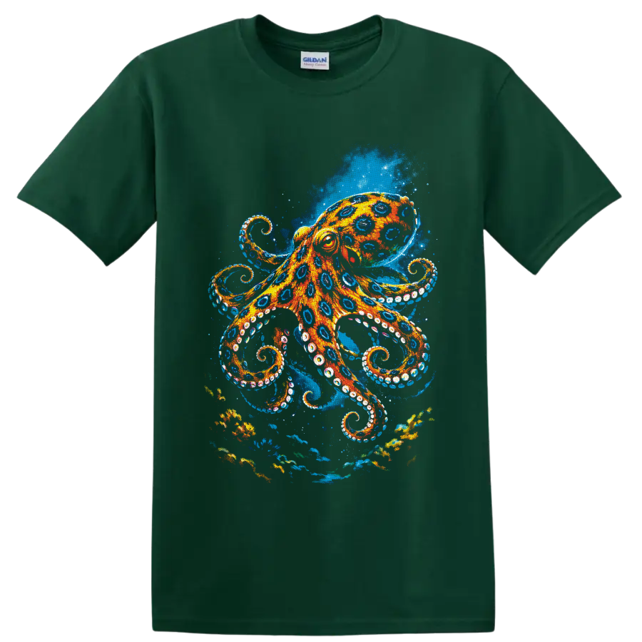 Vibrant orange and blue painterly octopus in a swirling underwater ocean scene on a Forest Green T Shirt