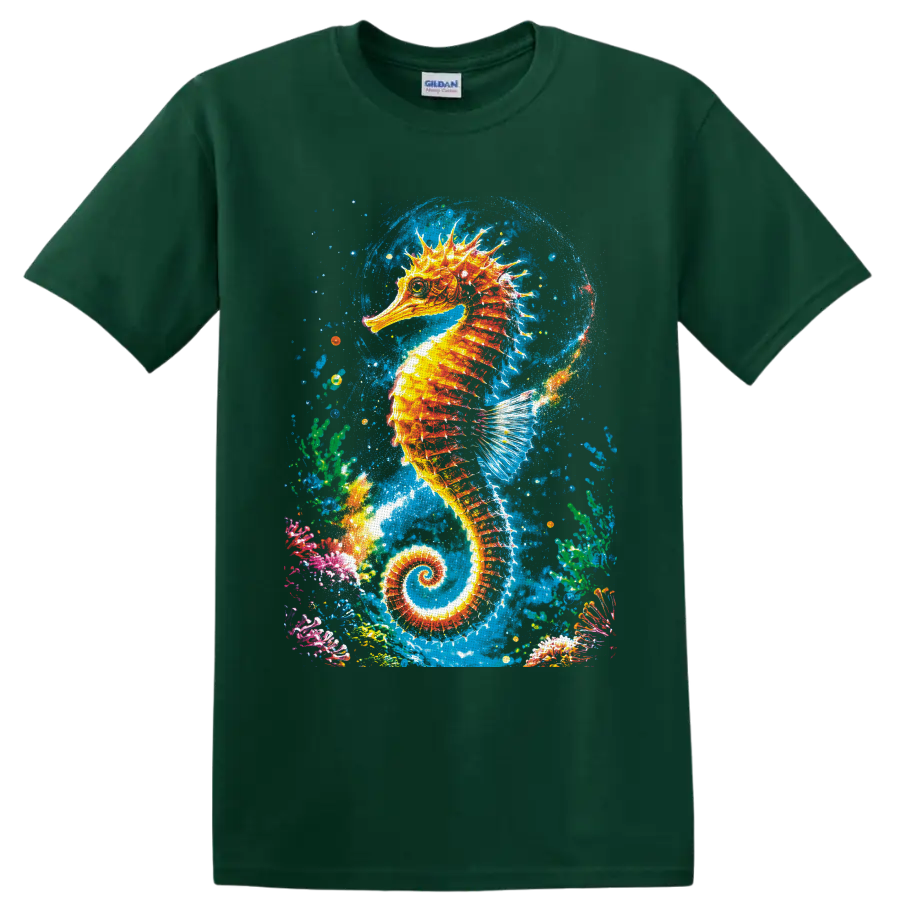 Vibrant splash-art seahorse surrounded by coral, bubbles, and blue underwater textures on a Forest Green T Shirt