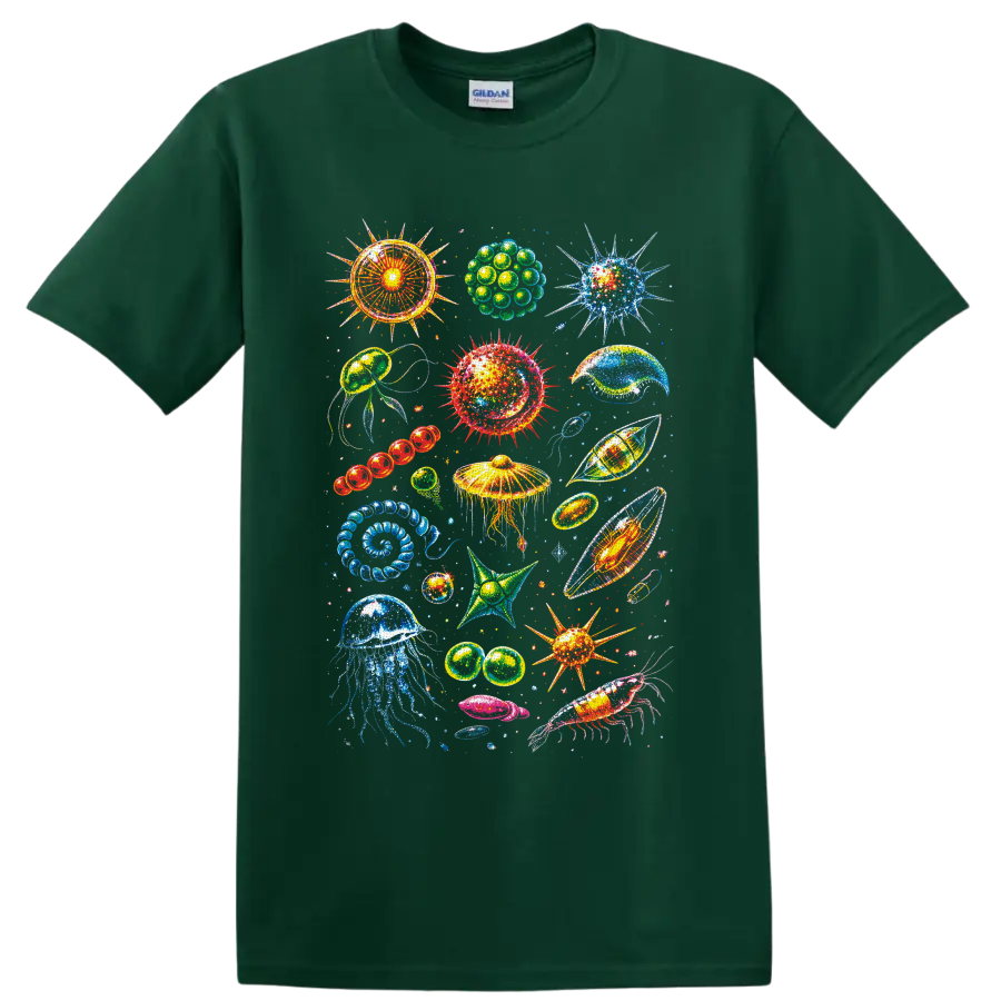 Colorful jellyfish, shrimp, shells, and microscopic sea life illustration on a Forest Green T Shirt