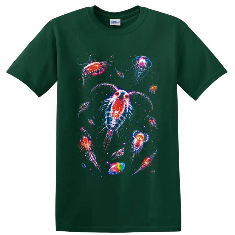 Neon bioluminescent plankton and jellyfish-like aquatic animals in glowing ocean art on a Forest Green T Shirt
