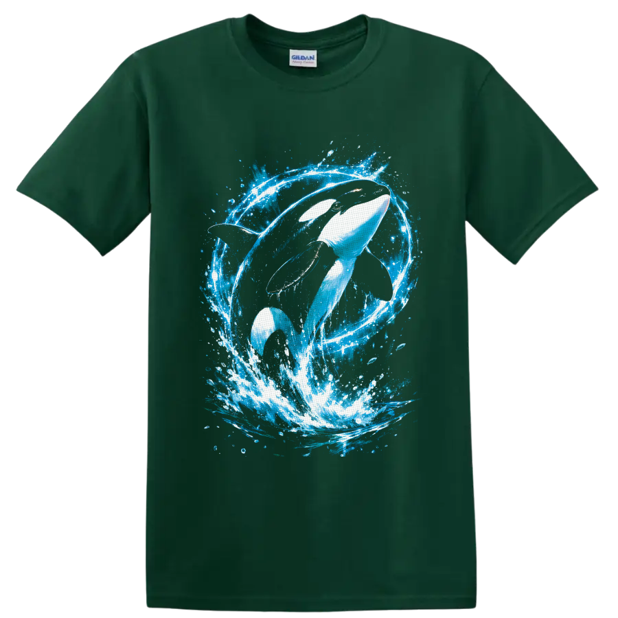 Orca whale leaping through a vivid blue ocean splash in painterly graphic style on a Forest Green T Shirt