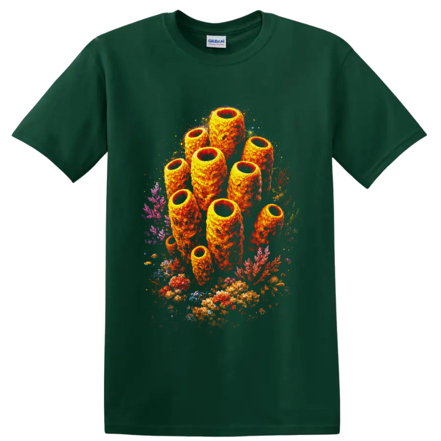 Vibrant orange sea sponge cluster with colorful coral reef artwork on a Forest Green T Shirt