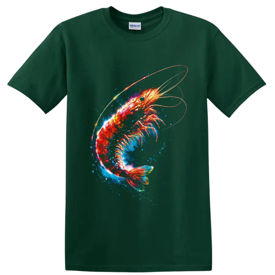 Glowing cosmic shrimp with blue ocean splashes and luminous orbital rings on a Forest Green T Shirt