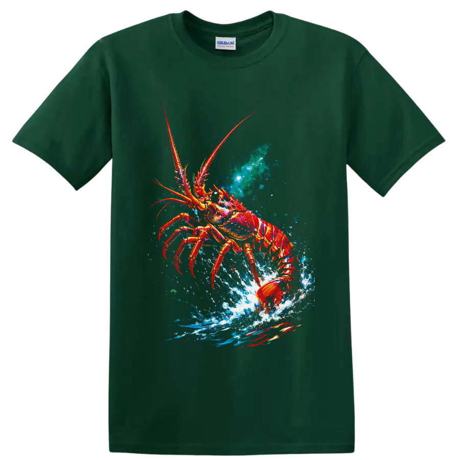 Colorful lobster bursting through blue ocean splash in vivid painterly marine art on a Forest Green T Shirt