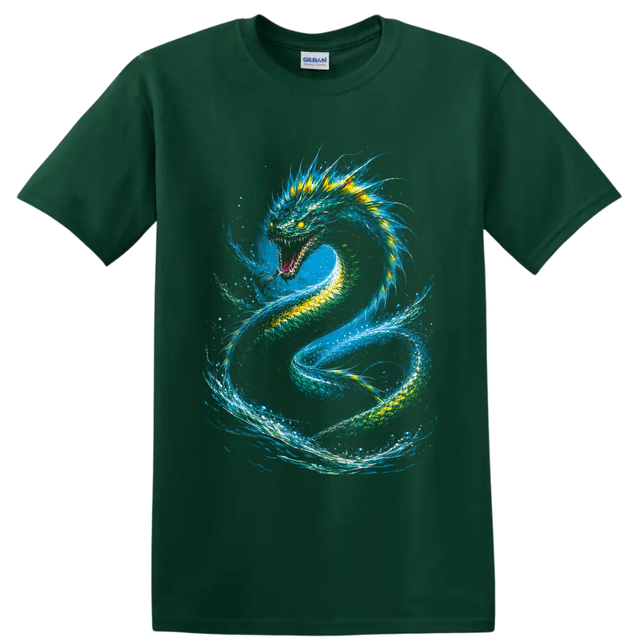 Colorful Water Dragon with blue mane coiling through swirling ocean waves on a Forest Green T Shirt