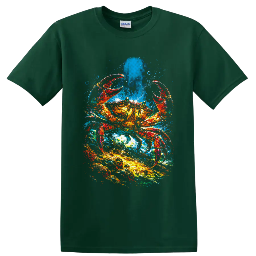 Colorful crab in a vivid watercolor-style ocean splash with bubbles on a Forest Green T Shirt