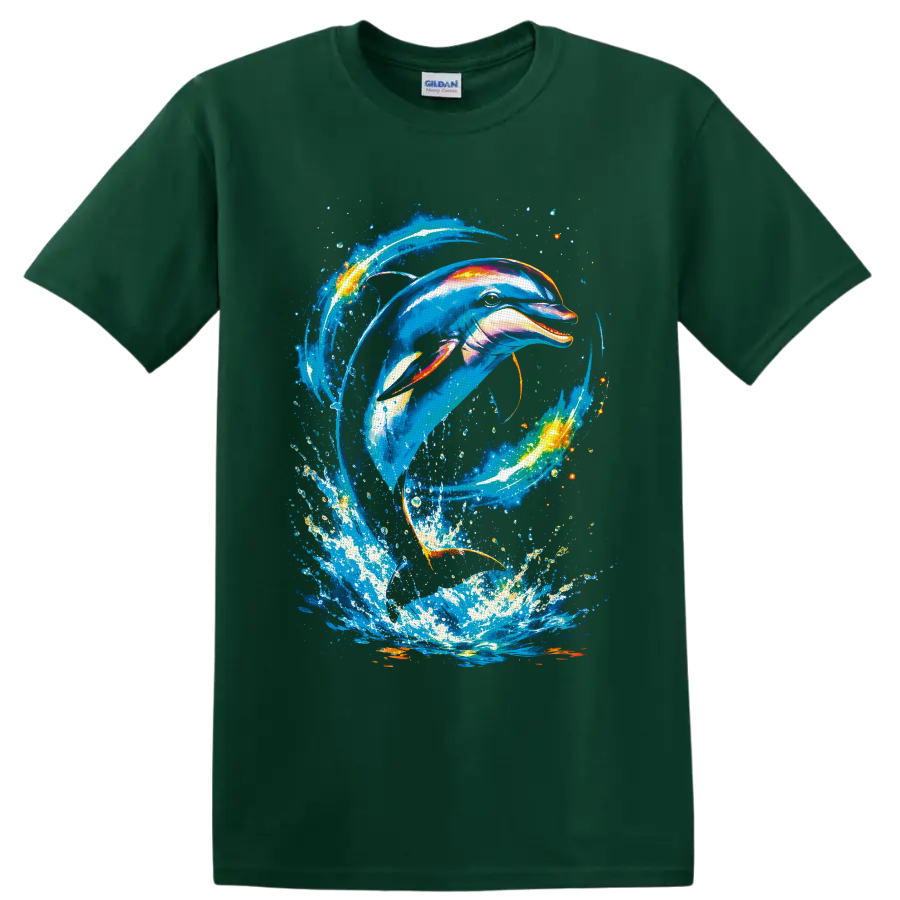 Vibrant dolphin swimming through a swirling ocean wave splash in painterly aquatic art on a Forest Green T Shirt