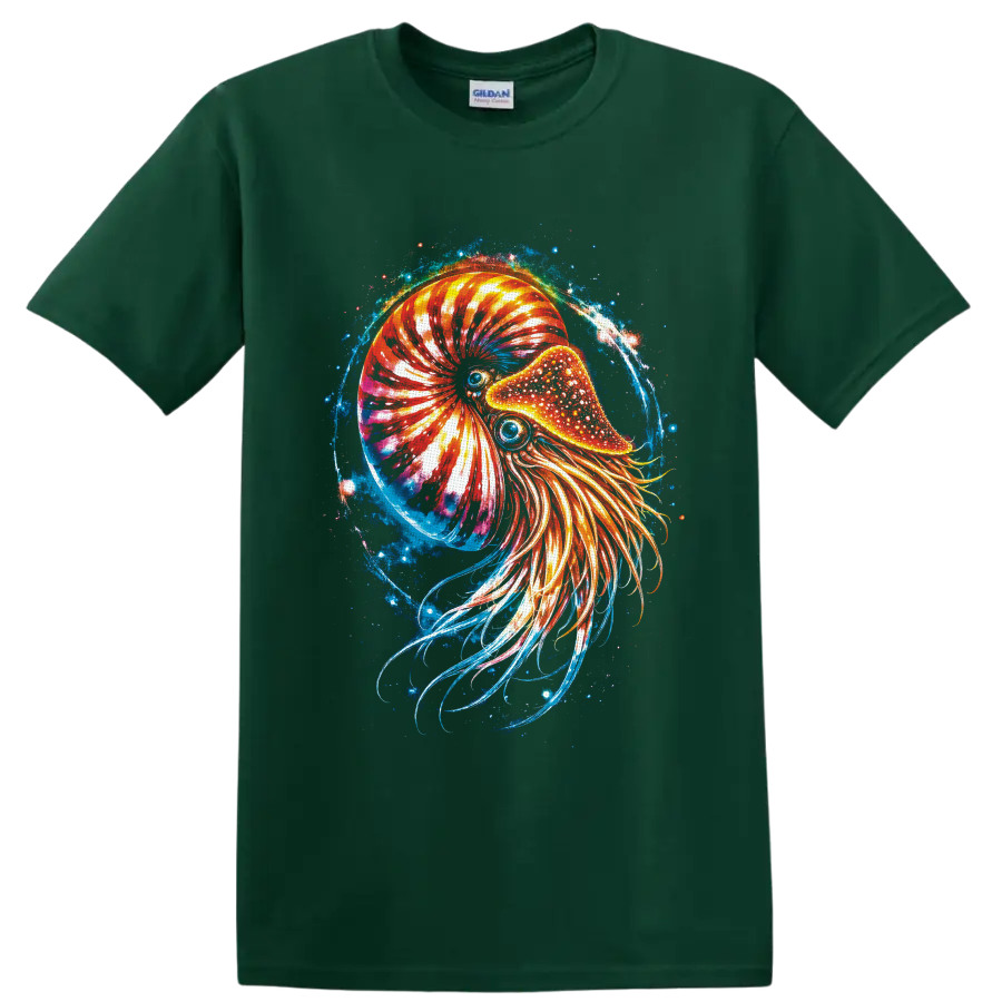 Cosmic nautilus illustration with glowing chambered shell, flowing tentacles, and blue on a Forest Green T Shirt
