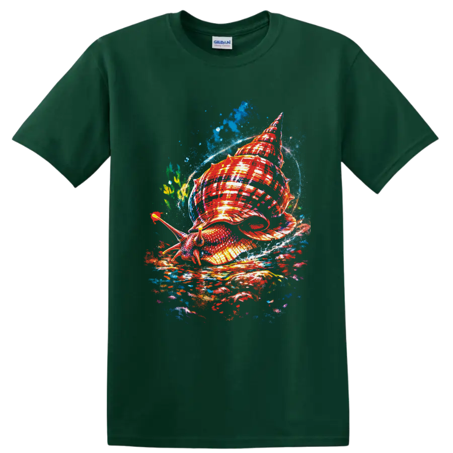Colorful sea snail with a red spiral shell in expressive blue ocean splash art on a Forest Green T Shirt