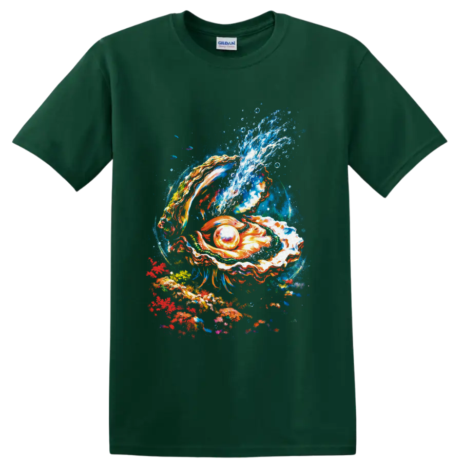 Colorful painted oyster shell with glowing pearl and cresting ocean wave on a Forest Green T Shirt