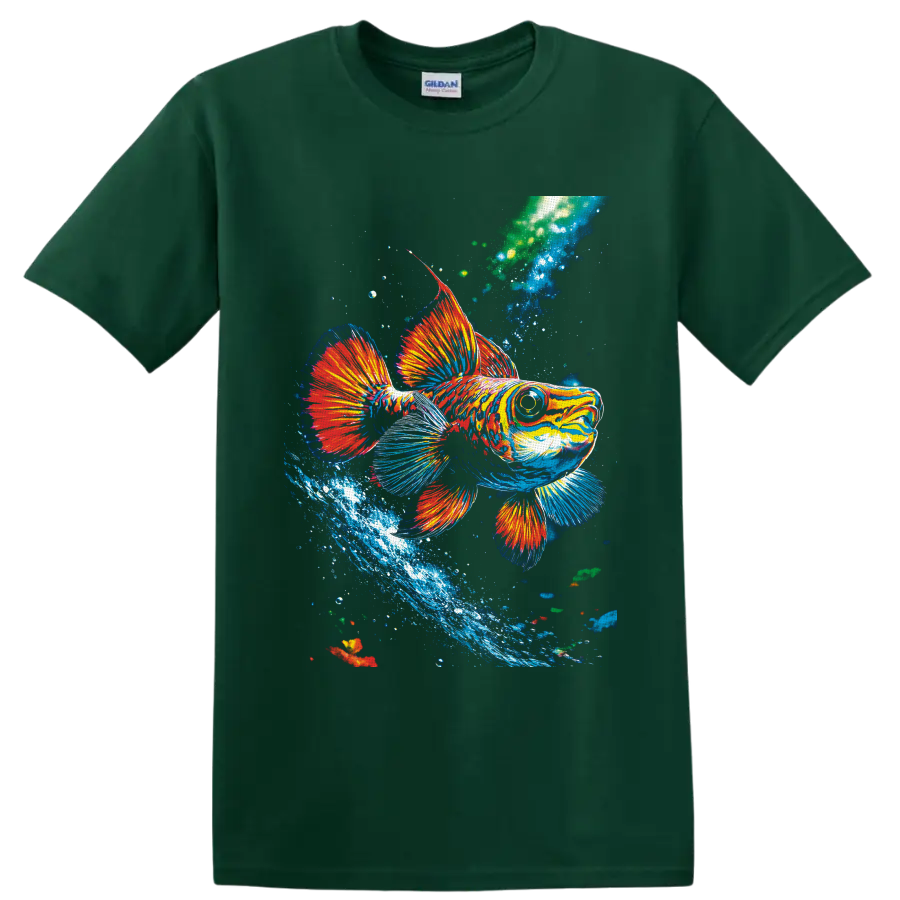 Colorful tropical fish illustration with flowing fins, bubbles, and a blue water splash on a Forest Green T Shirt