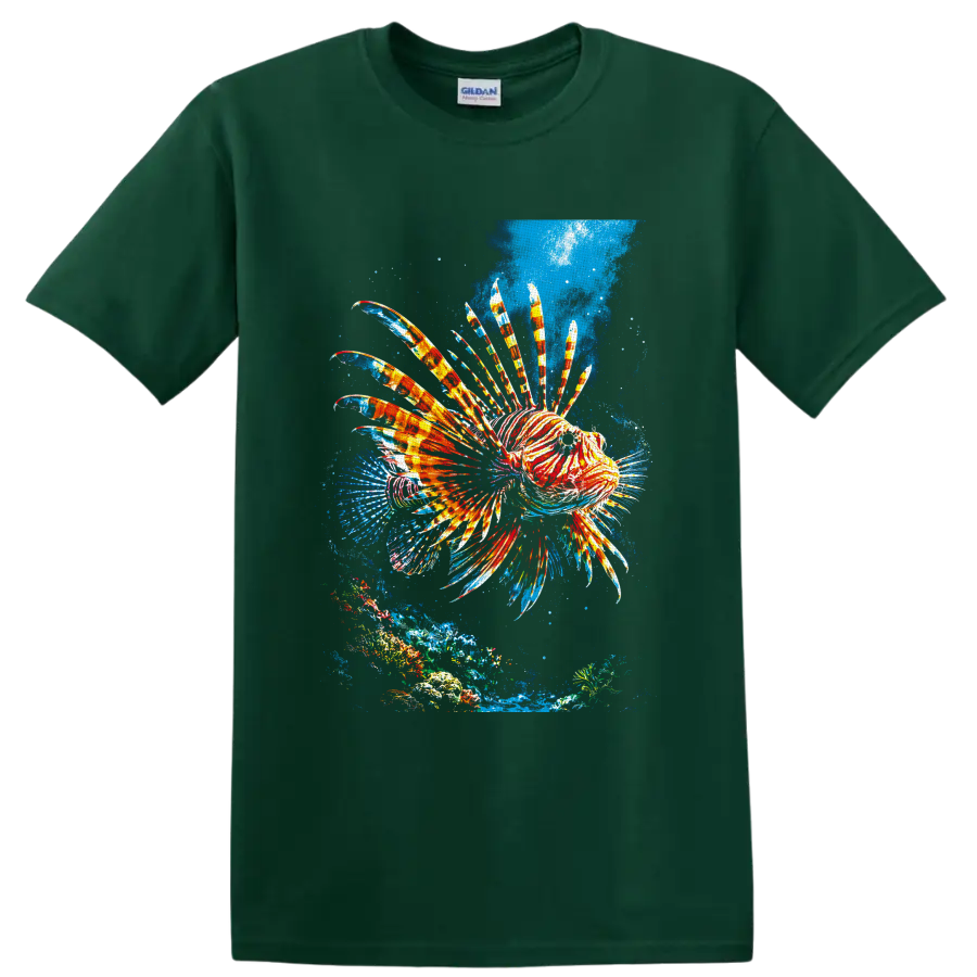 Colorful lionfish with striped fins over a tropical coral reef in splash-style ocean art on a Forest Green T Shirt