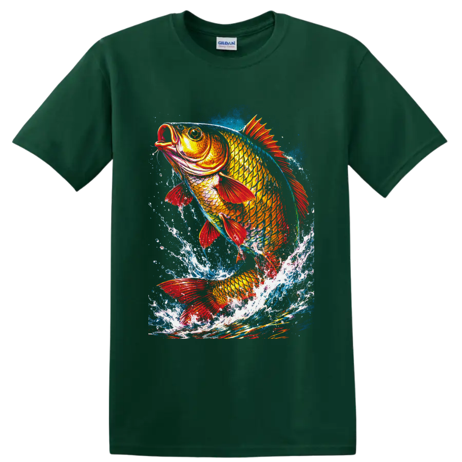 Colorful koi fish with red fins leaping through painterly blue water splashes on a Forest Green T Shirt