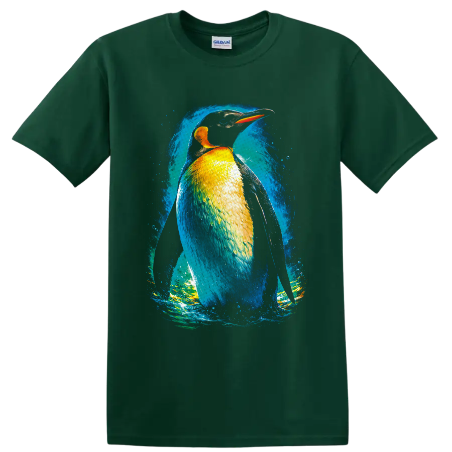 Colorful kingfisher illustration with blue, gold, and orange plumage in a curling wave on a Forest Green T Shirt