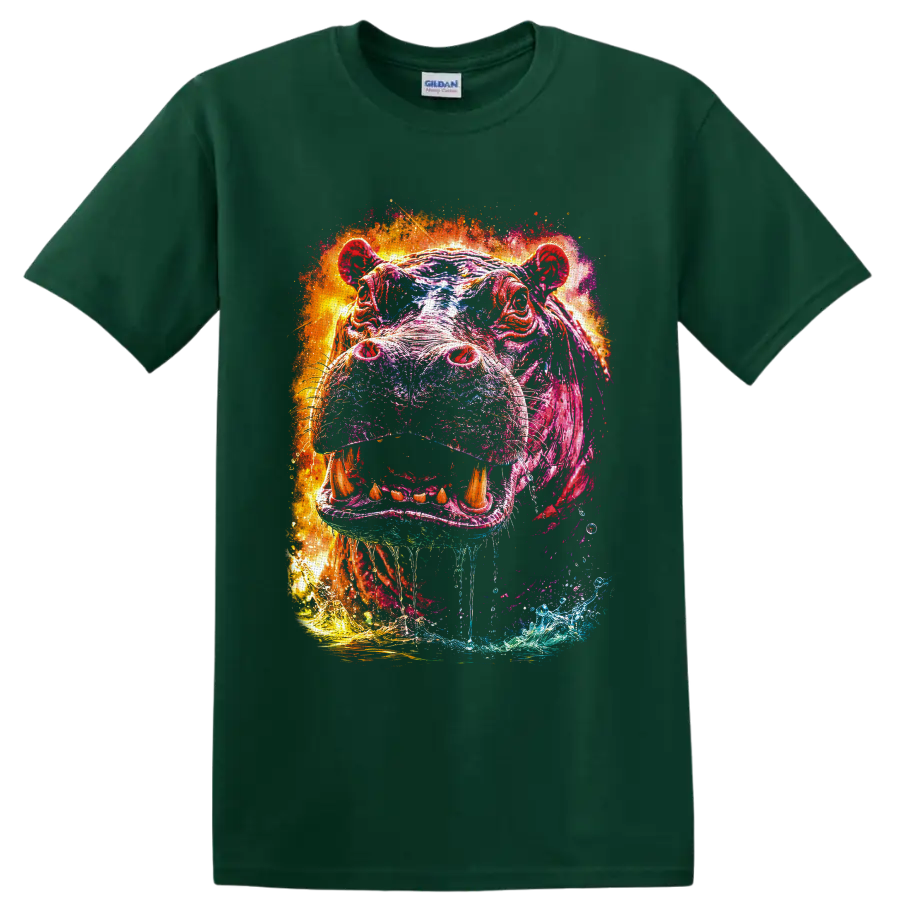 Vibrant splash-art hippopotamus portrait with open mouth, tusks, and water accents on a Forest Green T Shirt