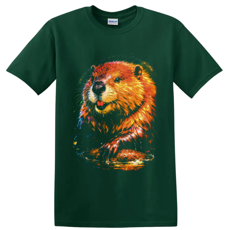 Colorful sea otter portrait in vivid paint-splash wildlife art on a Forest Green T Shirt