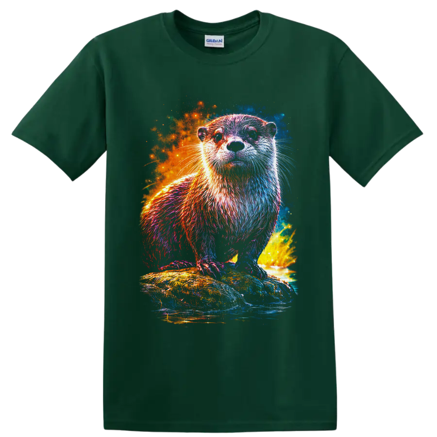 Cosmic neon otter standing on a rock above water with glowing colorful splashes on a Forest Green T Shirt