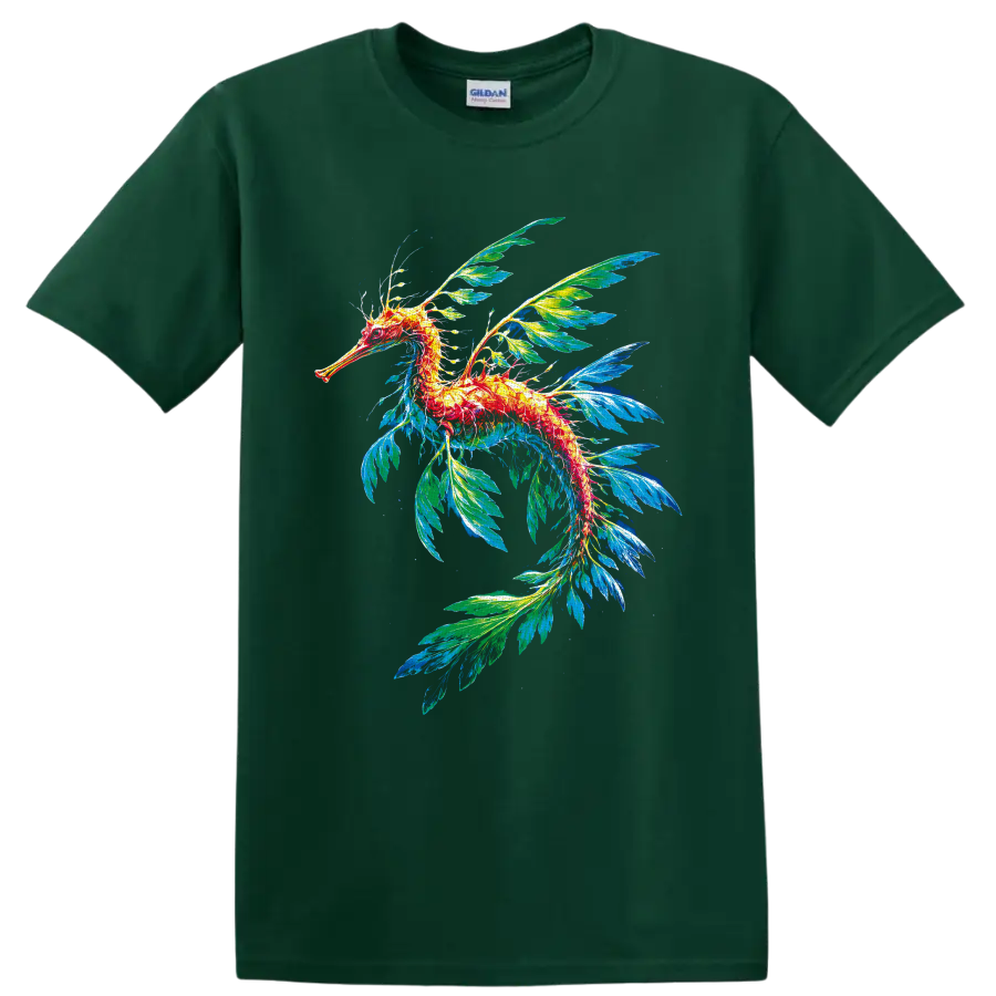 Colorful leafy seadragon illustration with flowing blue and green leaf-like fins on a Forest Green T Shirt