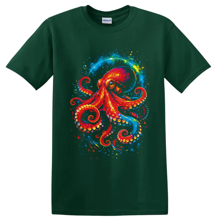 Colorful red octopus in electric blue ocean splash art with curling tentacles on a Forest Green T Shirt