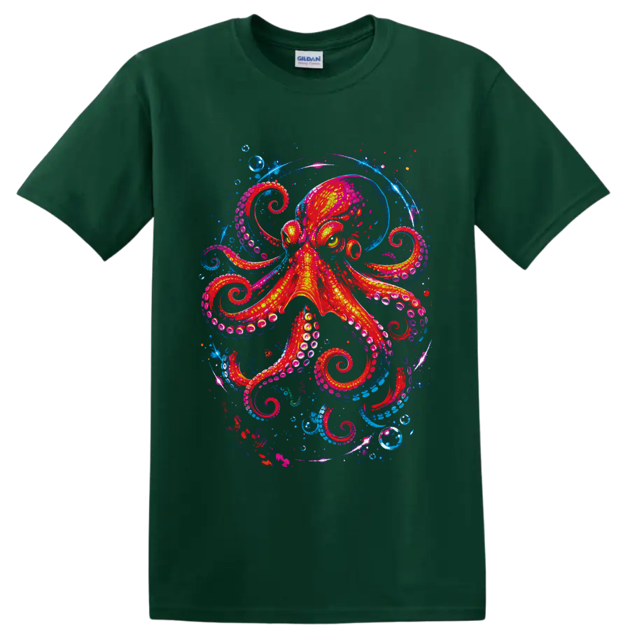 Neon-style octopus with curling tentacles, bubbles, and electric blue ocean swirls on a Forest Green T Shirt