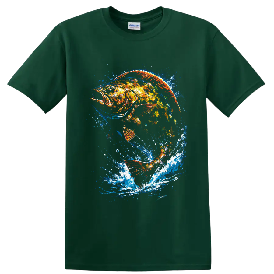Color splash largemouth bass graphic with orange fins and dramatic blue water splashes on a Forest Green T Shirt