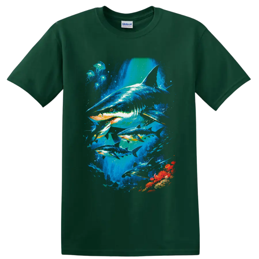 Vibrant shark, jellyfish, rays, and coral underwater wildlife graphic on a Forest Green T Shirt