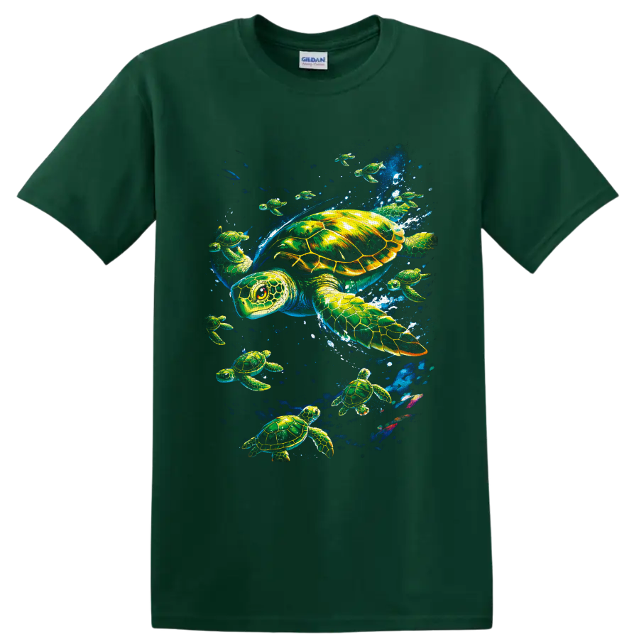 Colorful sea turtle underwater graphic with swimming turtles, bubbles, and ocean spray on a Forest Green T Shirt