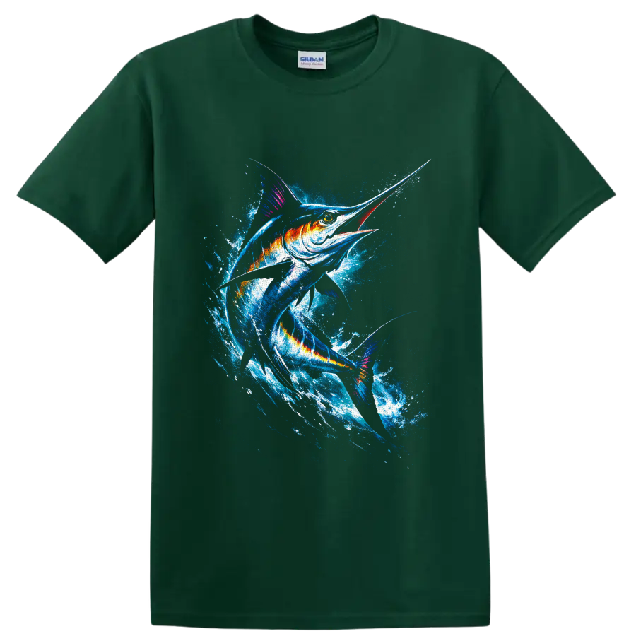Vivid watercolor-style marlin leaping through a crashing ocean splash on a Forest Green T Shirt