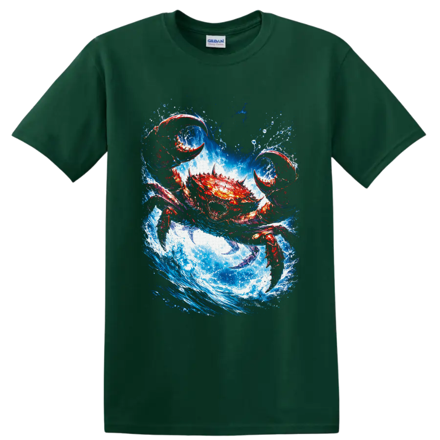 Fiery red crab with raised claws charging through a crashing blue ocean wave on a Forest Green T Shirt