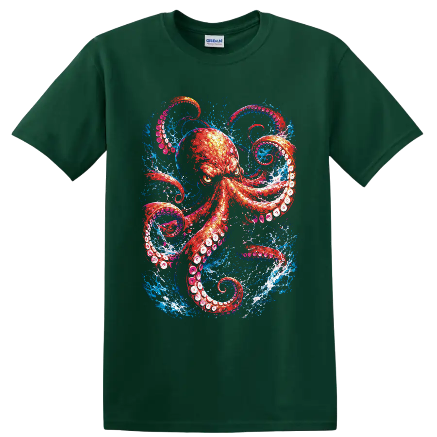 Red-orange octopus with curling tentacles in vivid blue ocean splash art on a Forest Green T Shirt