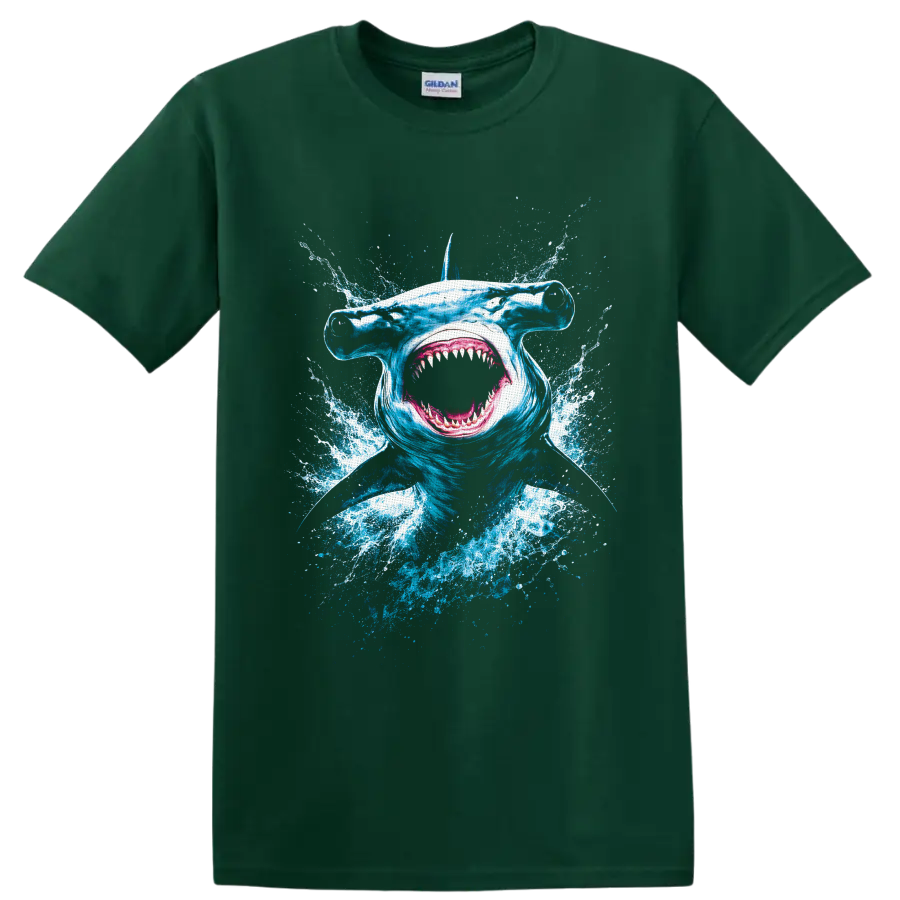Hammerhead shark portrait with open mouth and explosive blue ocean splash artwork on a Forest Green T Shirt