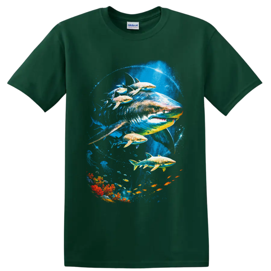 Great White Shark and tropical fish in vivid underwater coral reef art on a Forest Green T Shirt