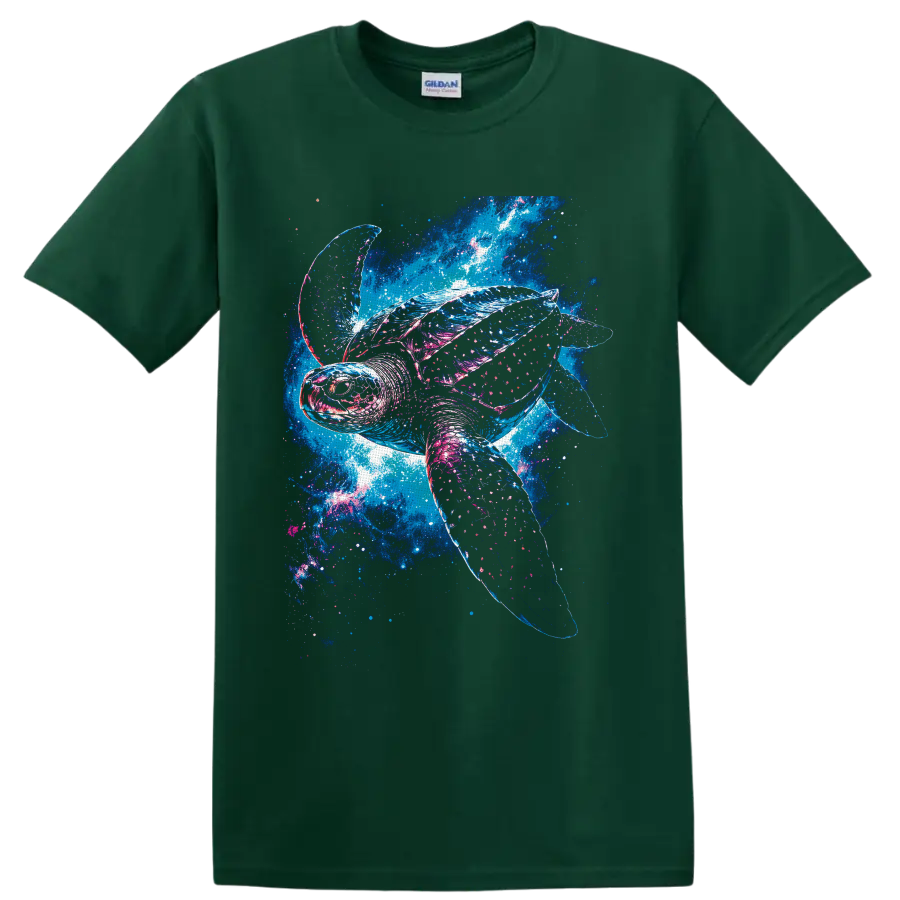 Sea turtle swimming through a neon blue and pink cosmic ocean galaxy design on a Forest Green T Shirt