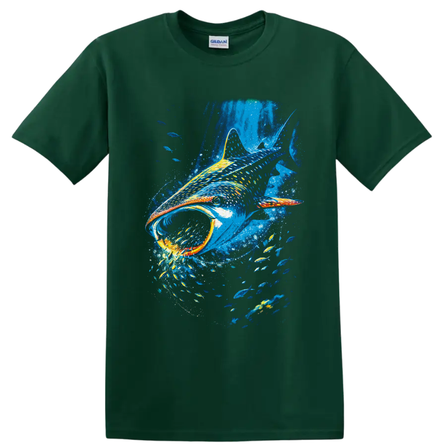 Colorful painterly whale shark swimming through blue water with schools of fish on a Forest Green T Shirt