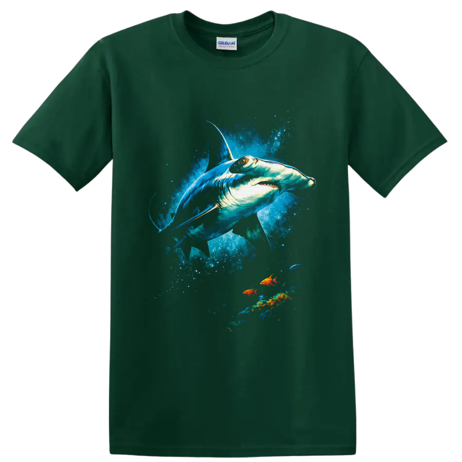 Hammerhead shark in vivid watercolor ocean splashes with colorful tropical fish on a Forest Green T Shirt