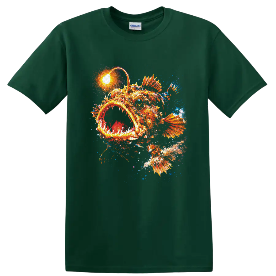 Glowing orange anglerfish with toothy mouth and colorful deep-sea paint splash art on a Forest Green T Shirt