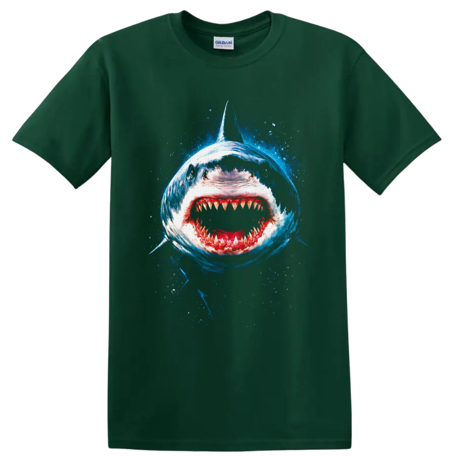 Great white shark open-jaw blue ocean splash graphic print on a Forest Green T Shirt