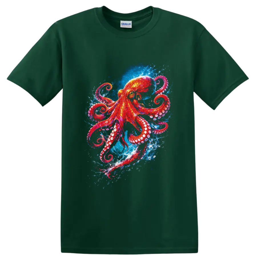 Vibrant watercolor octopus with curling tentacles in blue ocean splashes on a Forest Green T Shirt