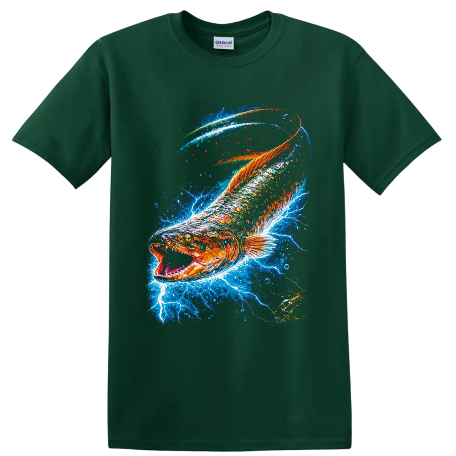 Largemouth bass with lightning and vivid blue water splash graphic on a Forest Green T Shirt