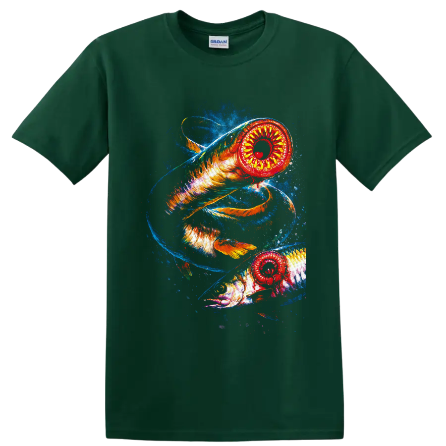 Two vivid lamprey fish in swirling blue water with fiery painterly ocean art on a Forest Green T Shirt