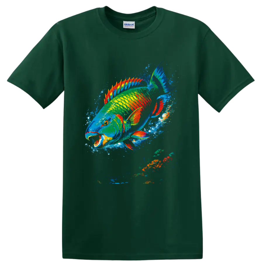 Vibrant painterly parrotfish graphic swimming through an electric blue ocean splash on a Forest Green T Shirt