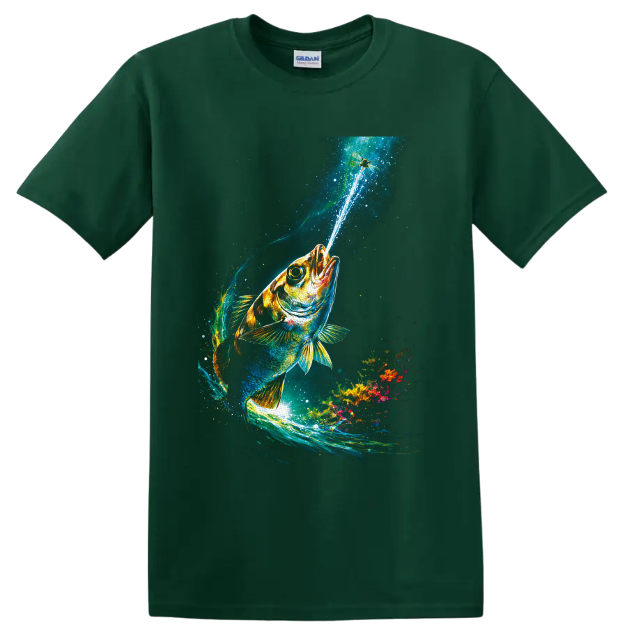 Vibrant bass leaping through glowing underwater currents toward a dragonfly on a Forest Green T Shirt
