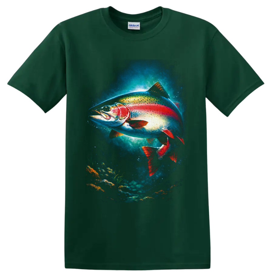 Colorful rainbow trout swimming in a glowing freshwater underwater art scene on a Forest Green T Shirt
