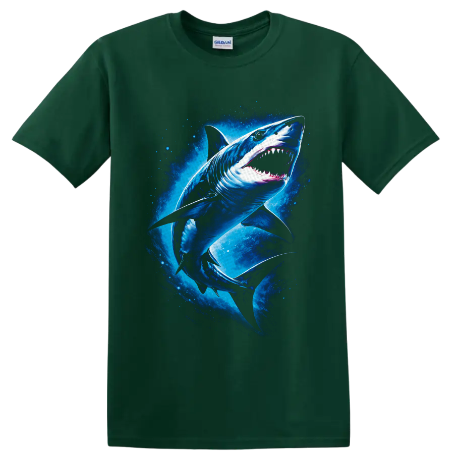 Great White Shark in a vivid blue underwater ocean graphic print on a Forest Green T Shirt