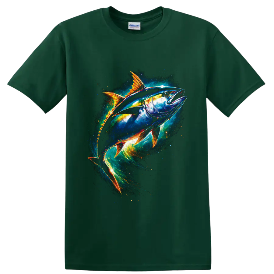 Colorful tuna swimming through glowing cosmic ocean waves on a Forest Green T Shirt