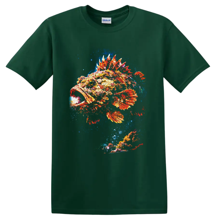 Colorful painterly spiny fish with fiery fins in a blue underwater splash on a Forest Green T Shirt