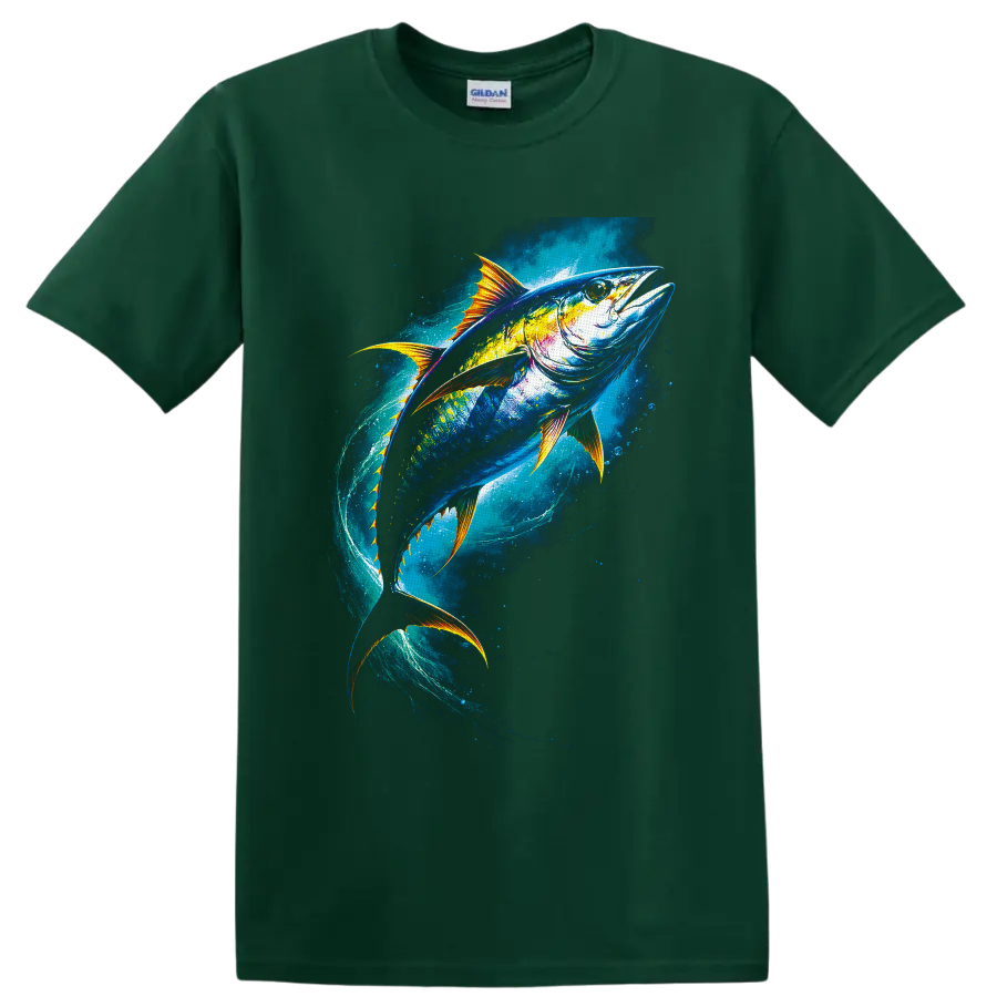 Colorful tuna swimming through a swirling blue ocean with golden fins on a Forest Green T Shirt