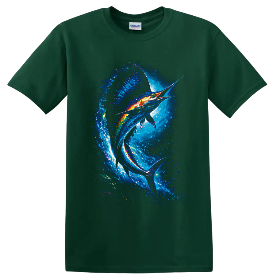 Neon-style sailfish swimming through a glowing blue ocean wave on a Forest Green T Shirt