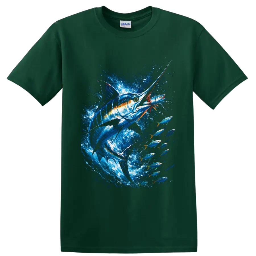 Blue marlin chasing a fish amid schooling tuna in vivid ocean splash artwork on a Forest Green T Shirt